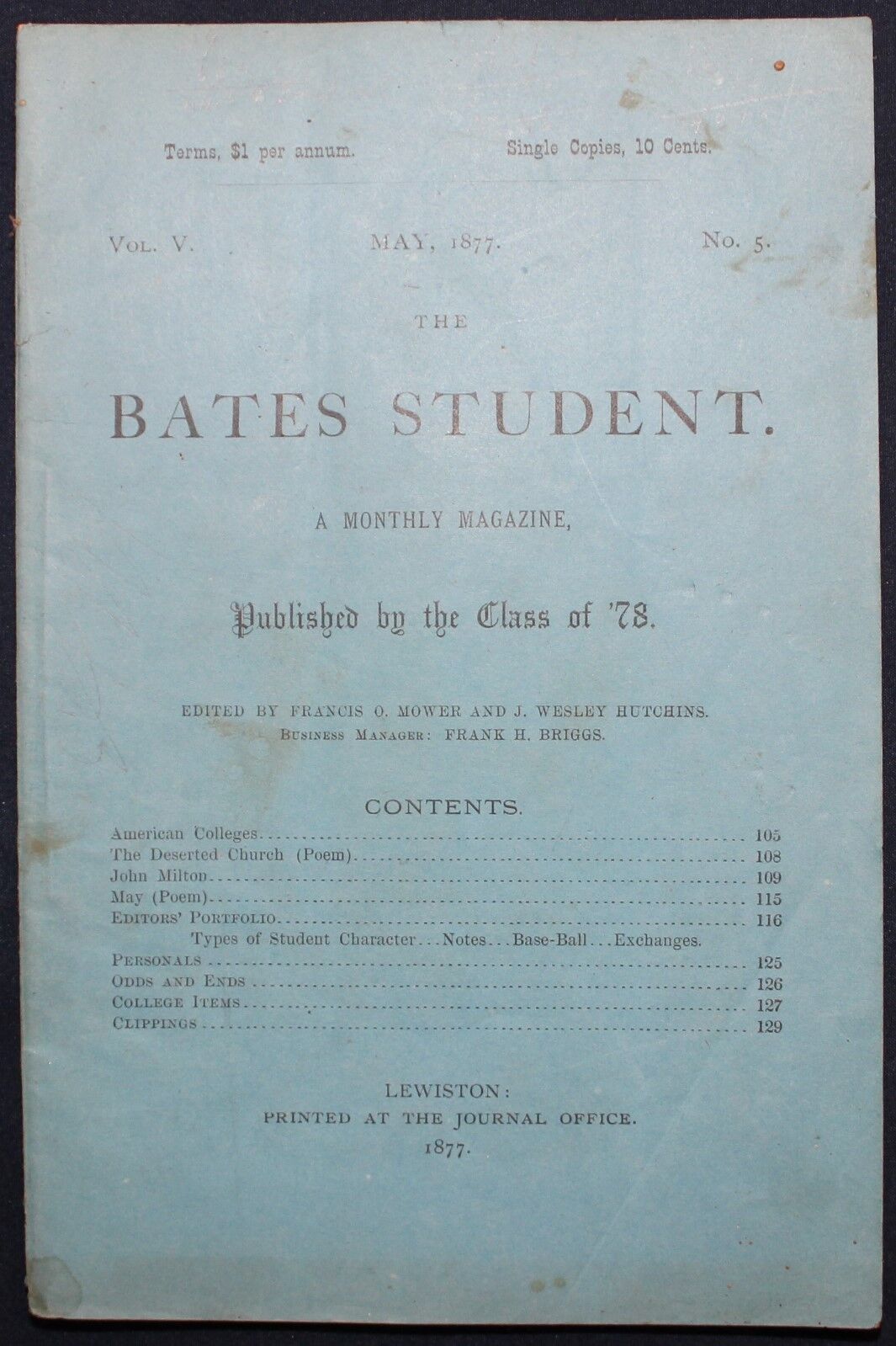 m Original May 1877 Vol. V No. 5 Bates College Student Magazine