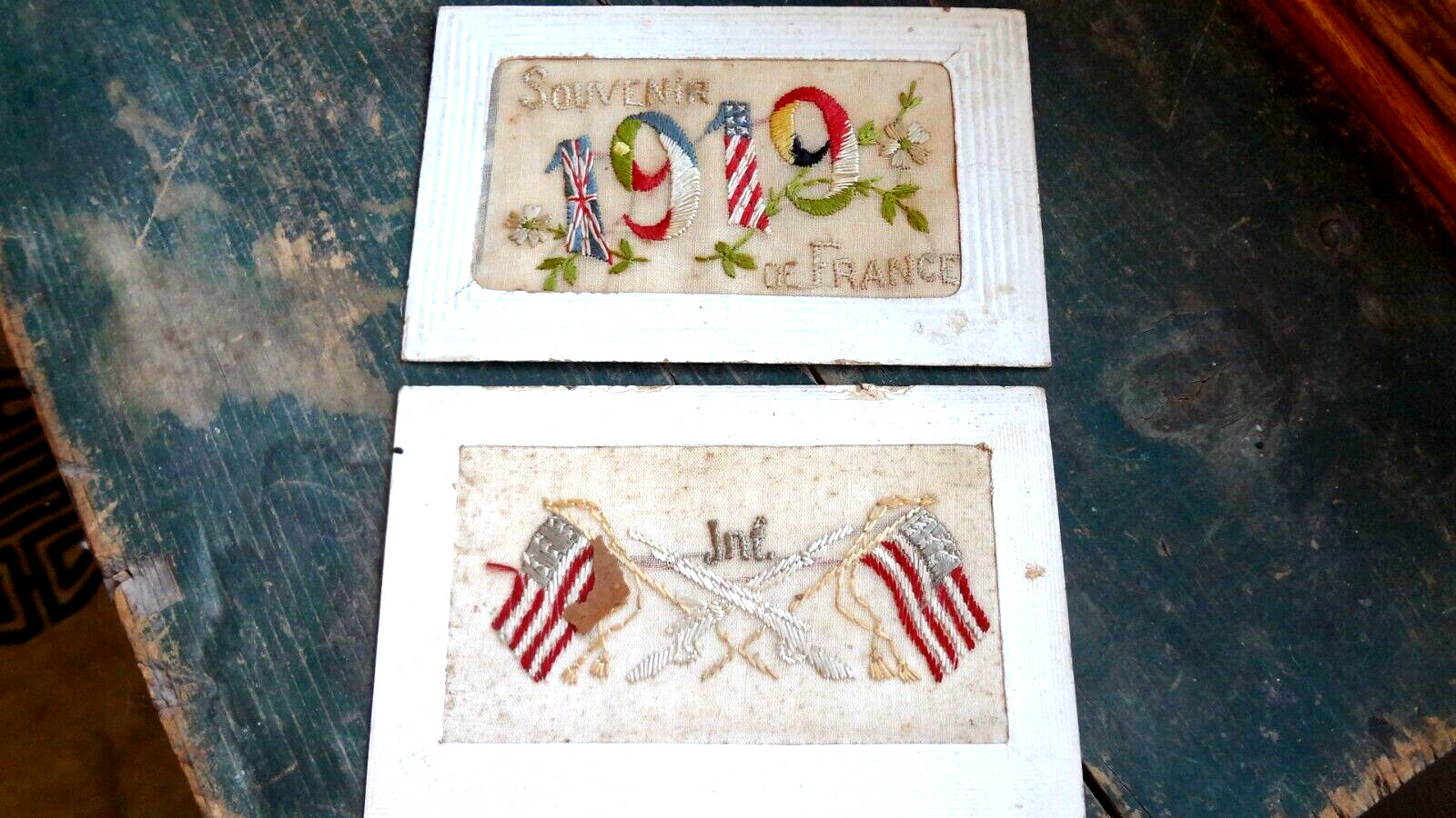 Two WWI U.S. Army Post Card Greetings From France Cloth Original 1919