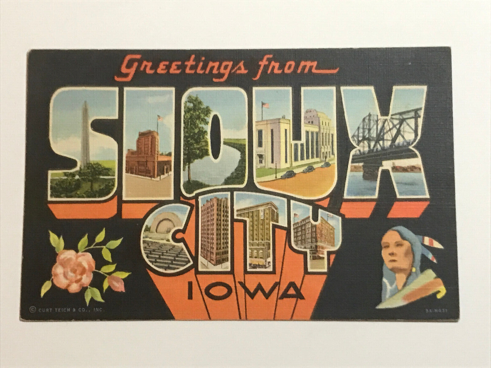 Postcard Large Letter Greetings IA Sioux City Iowa Teich c1940\'s Landmarks