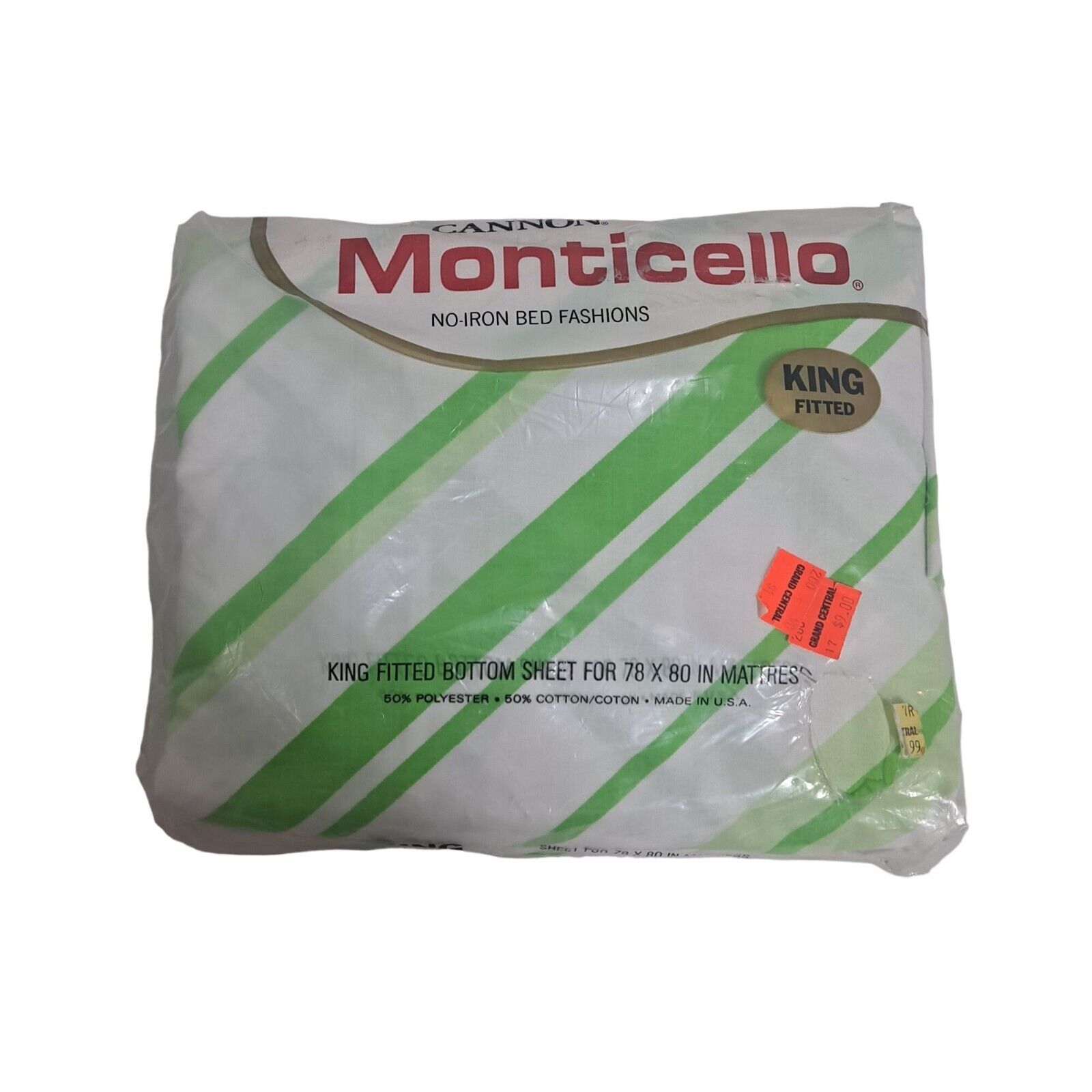 Vintage Cannon Monticello Sheet King Fitted Striped Green White NEW Old Stock