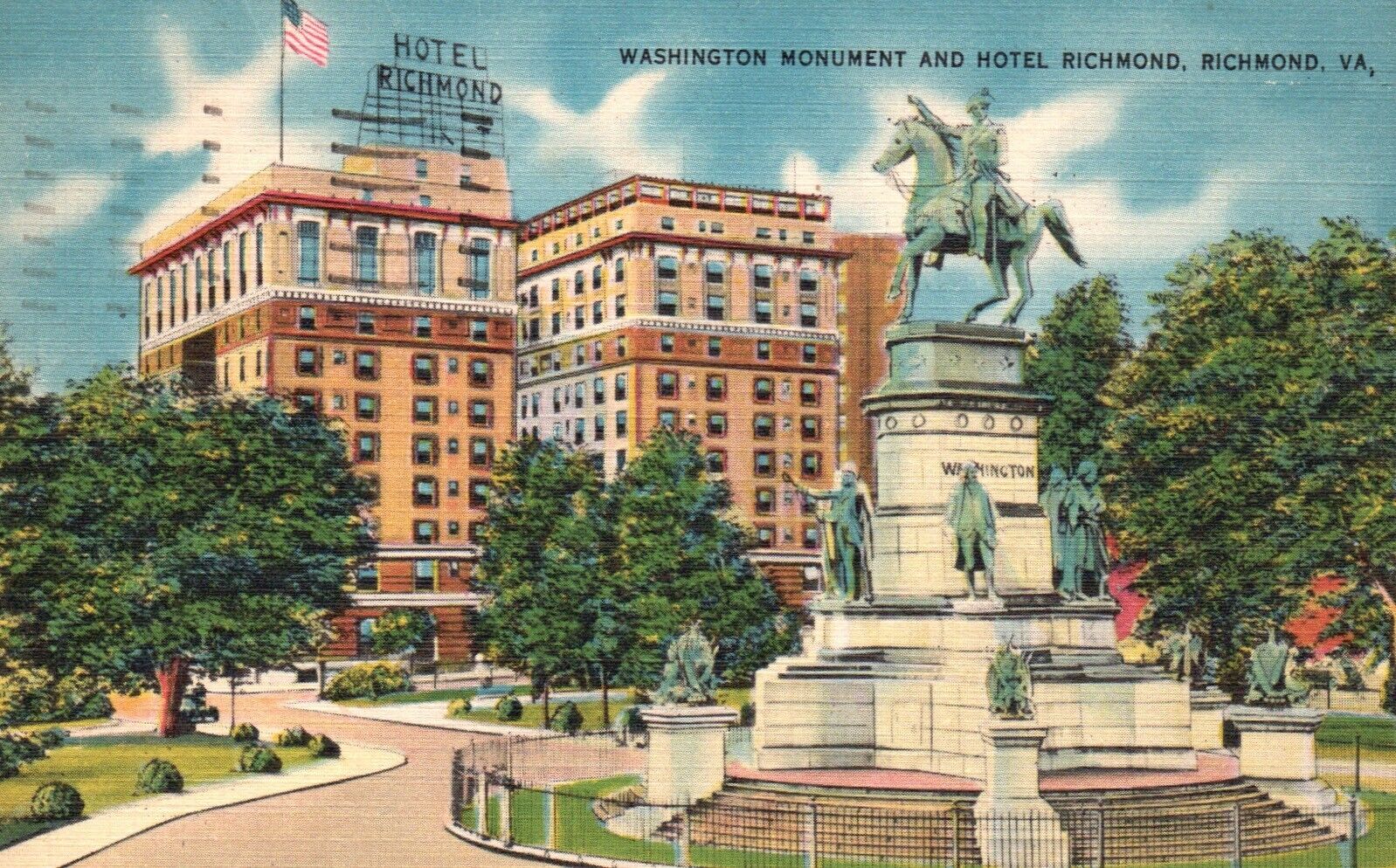 Postcard VA Hotel Richmond & Washington Monument Posted 1952 Vintage PC H9488