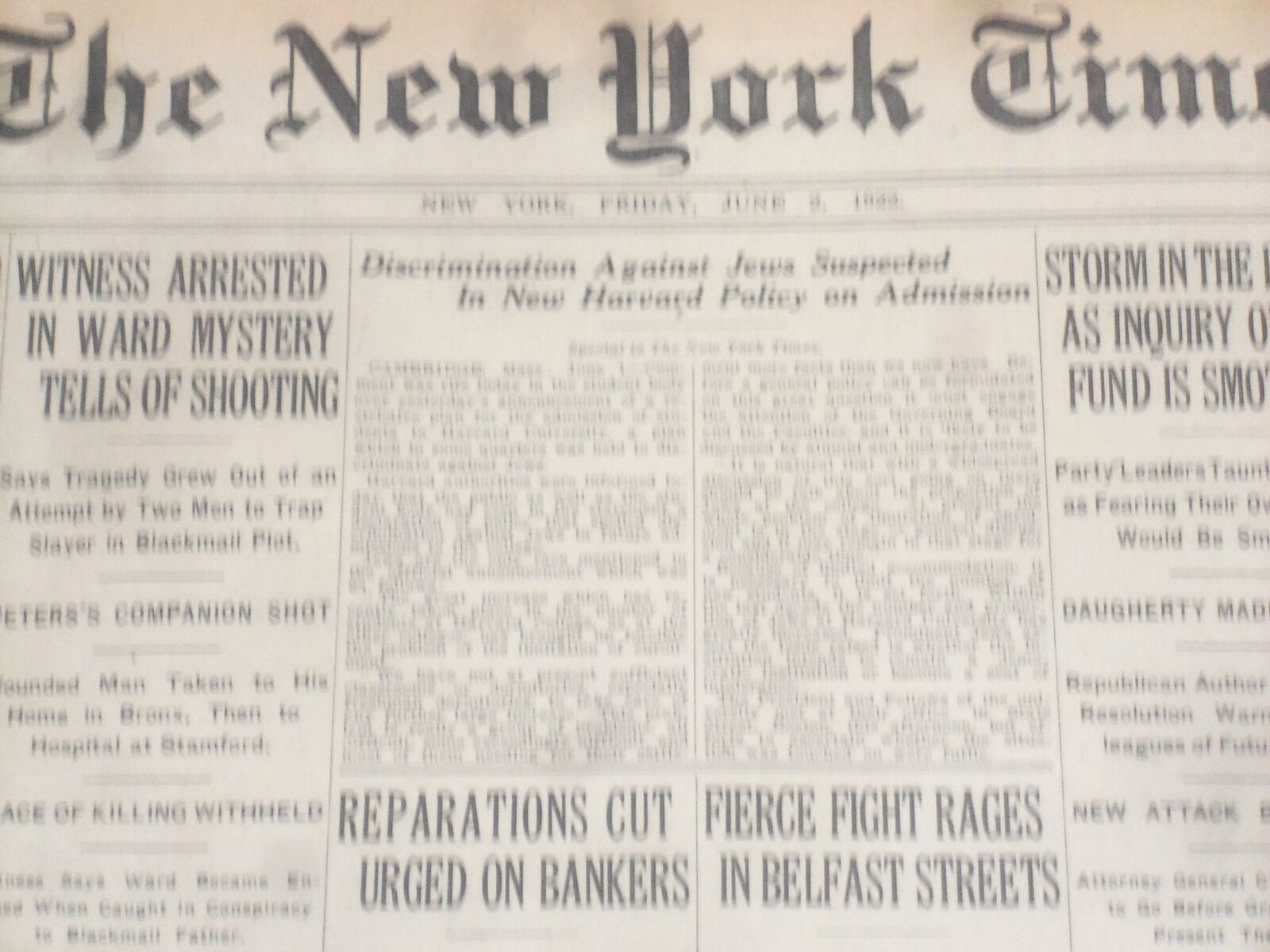 1922 JUNE 2 NEW YORK TIMES - DISCRIMINATION AGAINST JEWS AT HARVARD - NT 8390