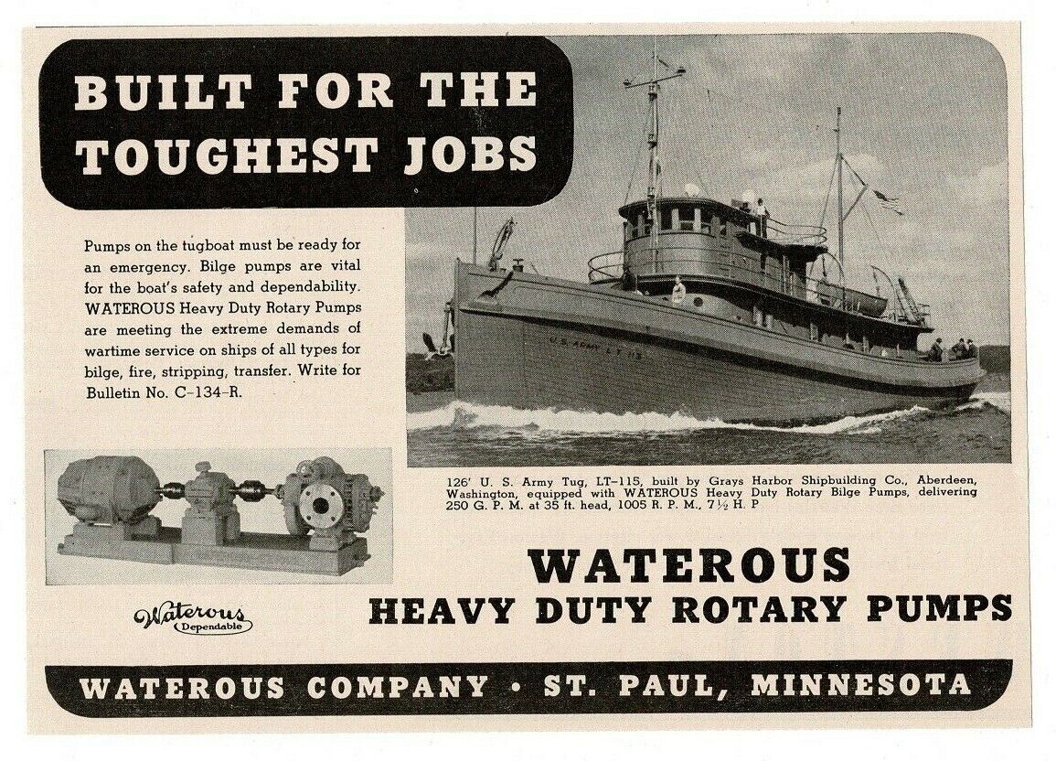 1944 WATEROUS Rotary Pumps WWII US Army Tugboat LT-115 Vintage Print Ad