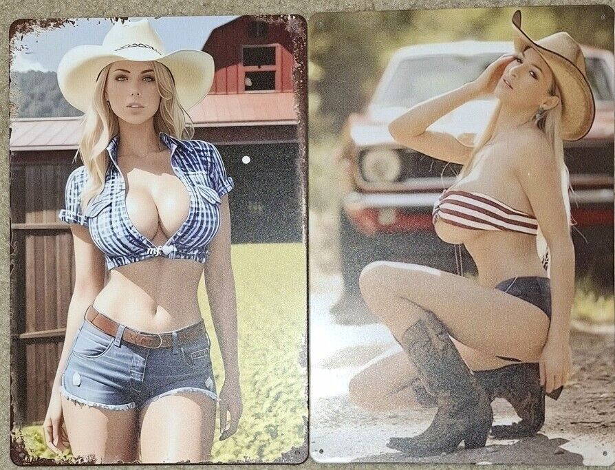2 Pcs Sexy Blonde Cowgirl Pin-up 8x12 Metal Sign Man Cave Decor