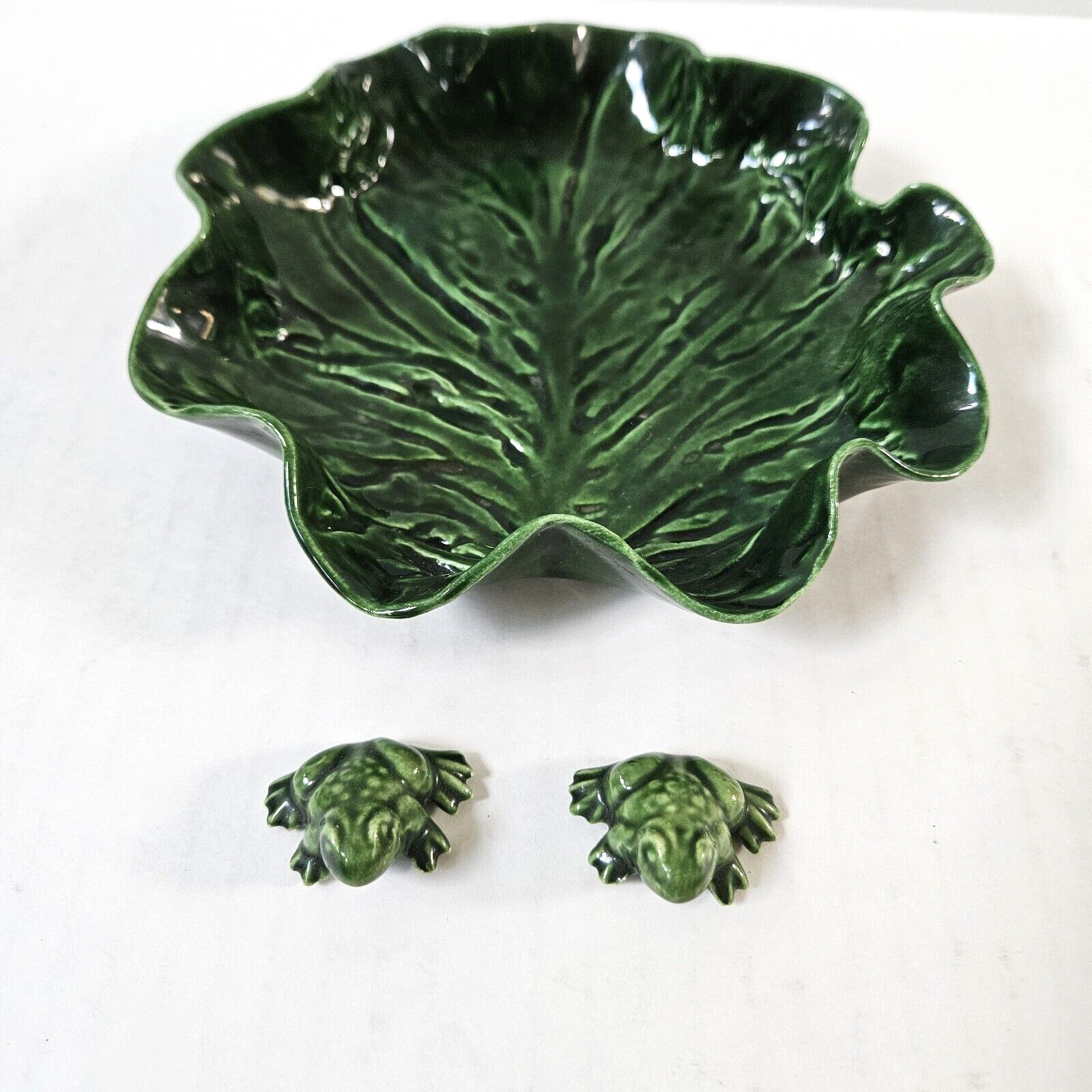 Vintage Pat Young Ceramics Lily Pad Dish & Frog Set Handmade Inverness Florida
