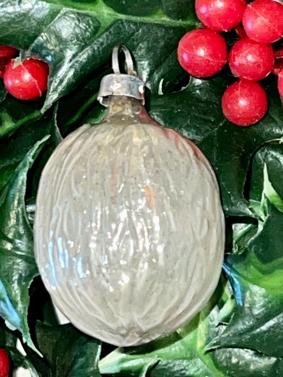 Vintage WEST GERMANY Bumpy FEATHER TREE Glass SILVER WALNUT Christmas Ornament