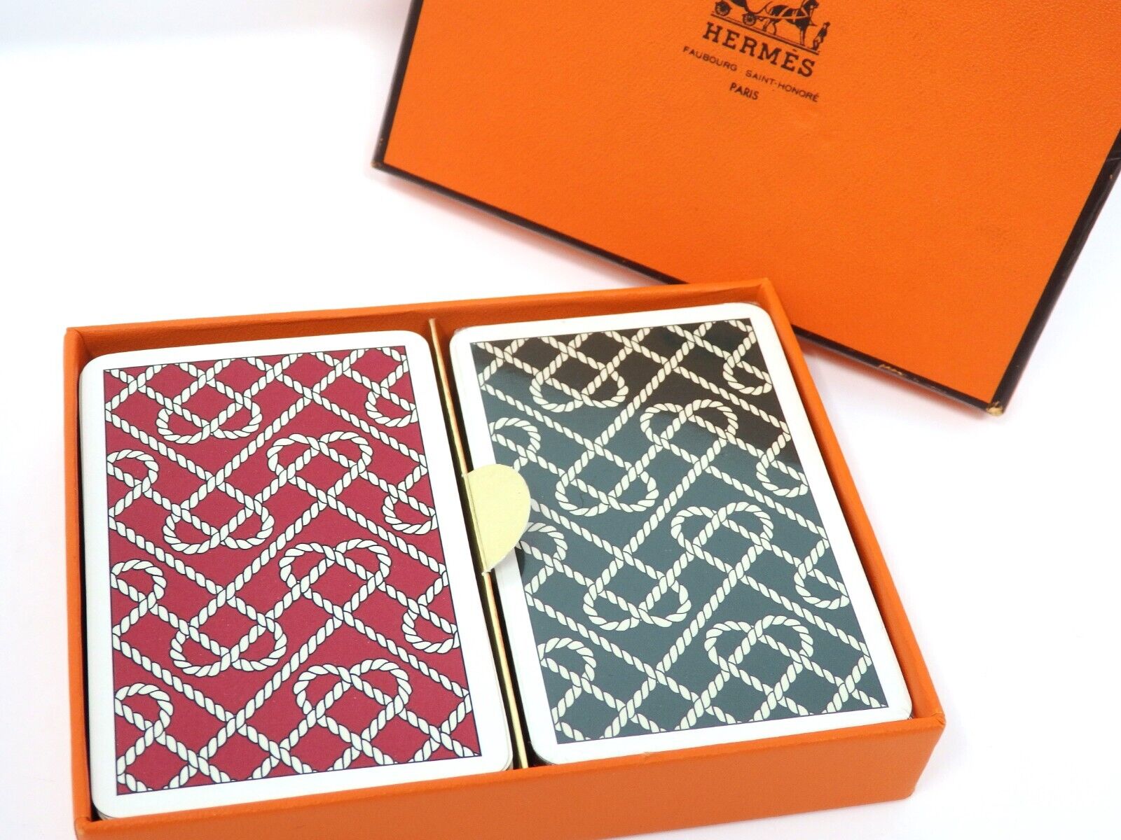 HERMES 2 Deck of Playing Cards Trump Game Authentic Heart  Rope Design Red Green