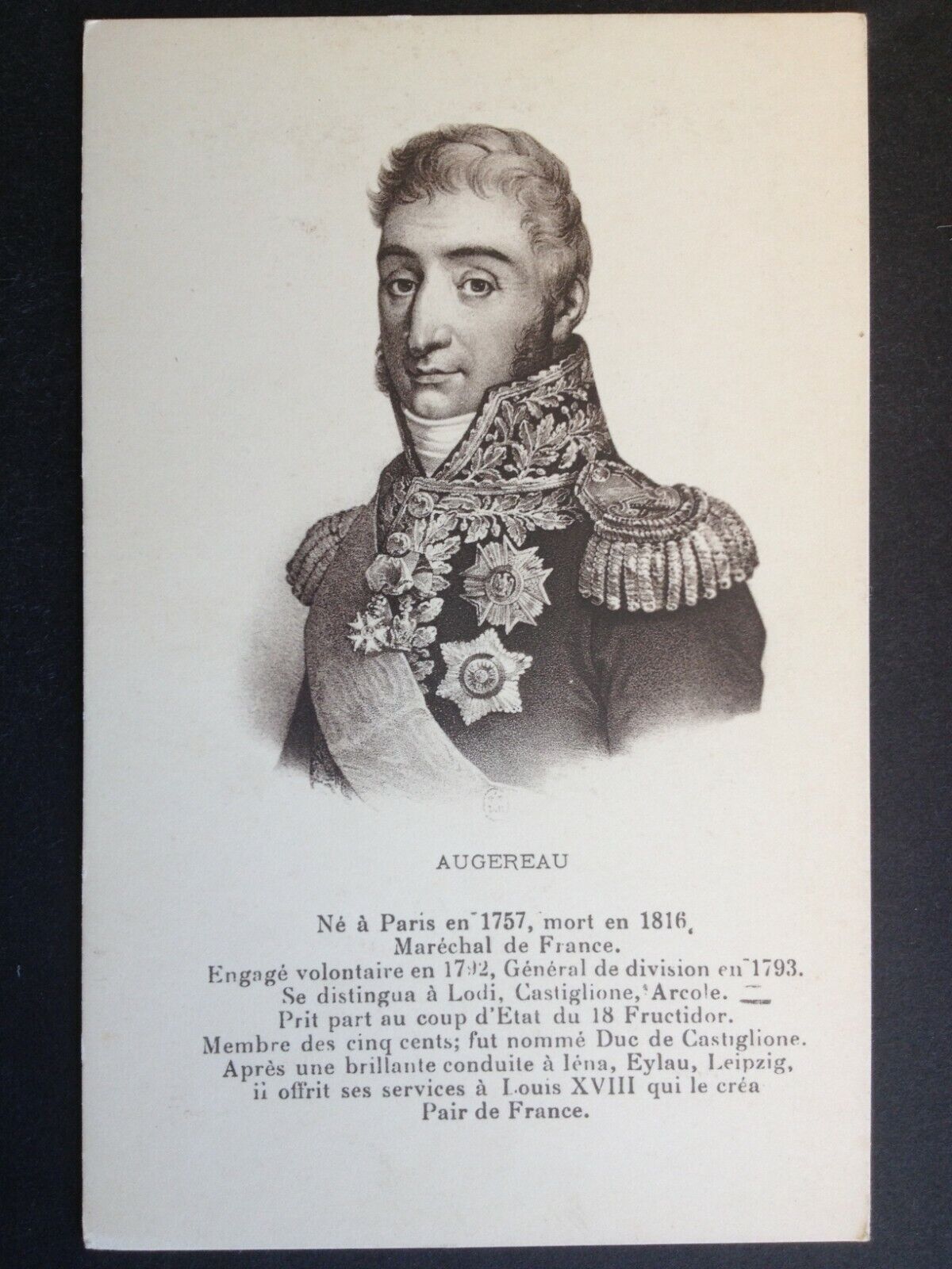 cpa LITHO ESTAMPE Portrait de Pierre AUGEREAU Maréchal de FRANCE Le Fier Brigand