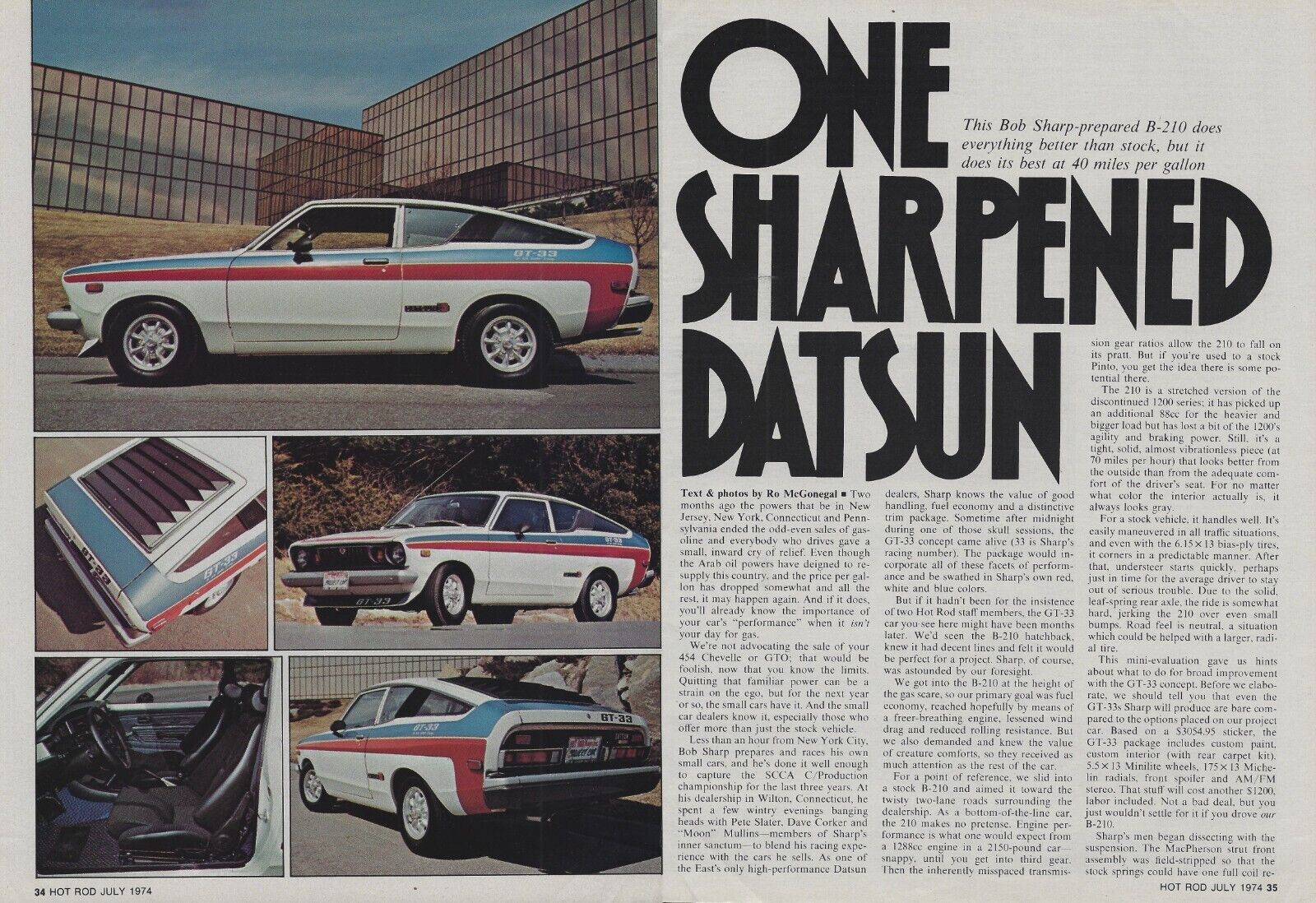 1974 Datsun Bob Sharp B-210 GT-33 Fastback Vintage Magazine Road Test Article Ad