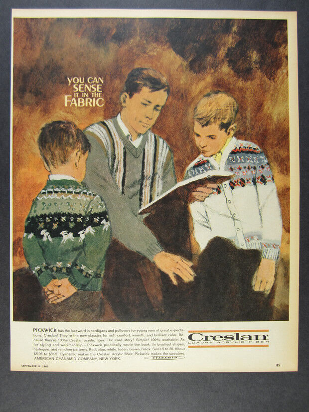 1963 Pickwick Cardigan Pullover Sweaters fashion art Creslan vintage print Ad