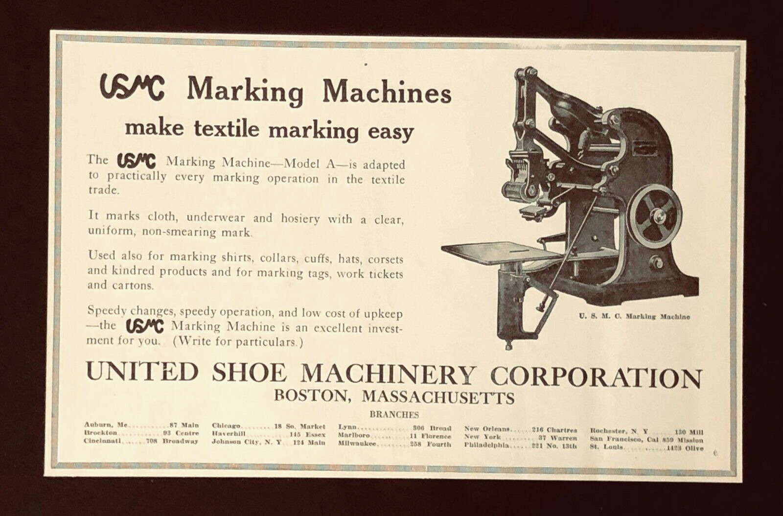 1921 United Shoe Machinery Advertisement Textile Marking Boston Antique Print AD