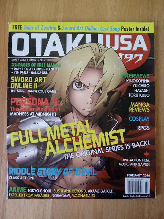 Otaku USA Magazine Feb 2016 w/ Zestiria Poster, FullMetal Alchemist Manga VF 8.5