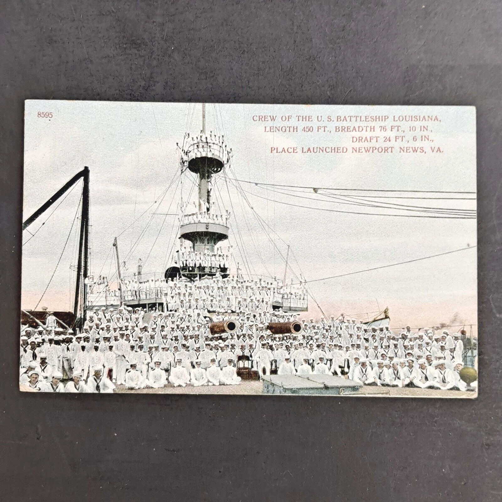 ANTIQUE 1908 POST CARD CREW OF THE U.S. BATTLESHIP LOUSIANNA IN NEWPORT NEWS, VA