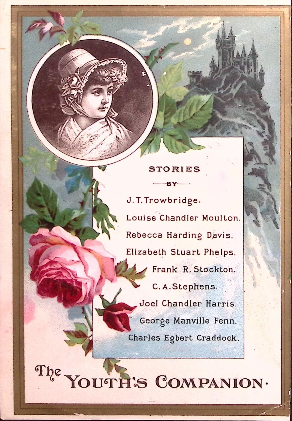 1886 THE YOUTHS COMPANION BOSTON MA GIRL CASTLE ROSES VICTORIAN TRADE CARD Z225