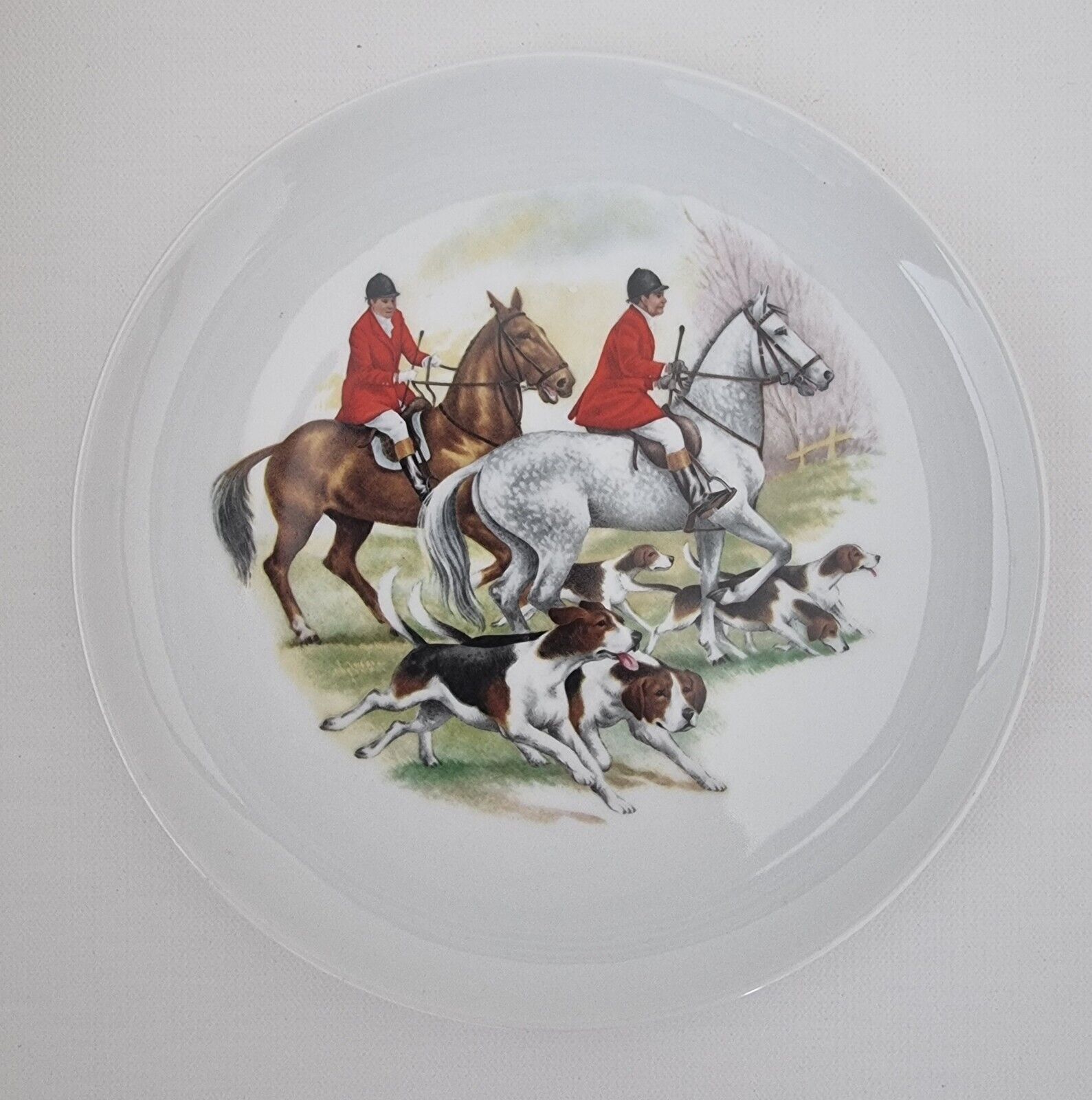 Antique German Kaiser Porcelain Plate, Horses Fox Hunting Decorative Equestrian 