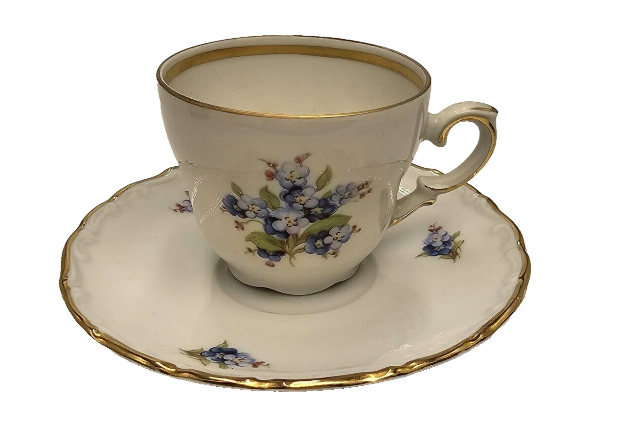 Bavarian Blue Floral Plate Teacup Saucer Set Tea Party Wedding Golden Crown