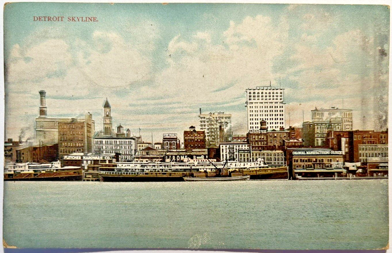 1909 DETROIT MICHIGAN CITY SKYLINE Postcard Fletcher Hardware Co D7