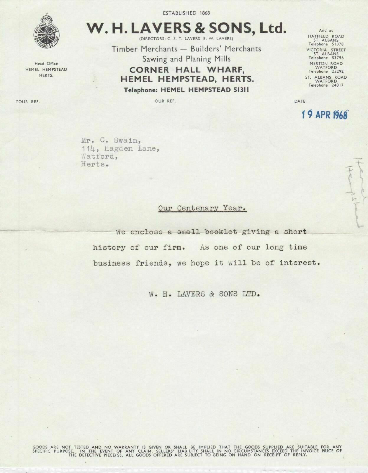 W.H. Lavers & Sons Ltd Herts 1968 Timber & Builders Merchants Letter Ref 34327