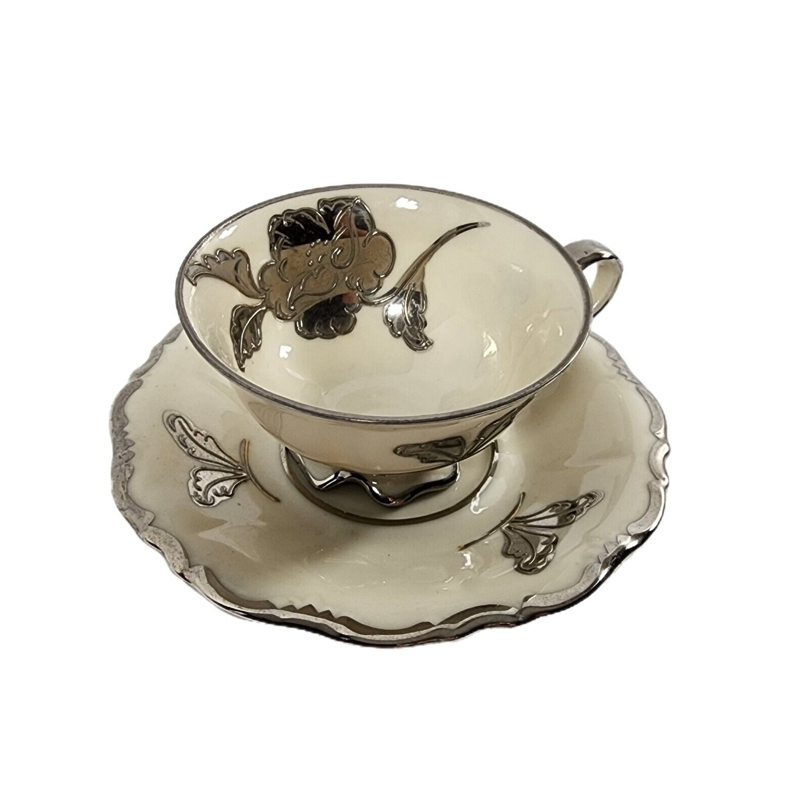 Vintage German Antique Bareuther Waldsassen Bavaria Silver Tea Cup Saucer 