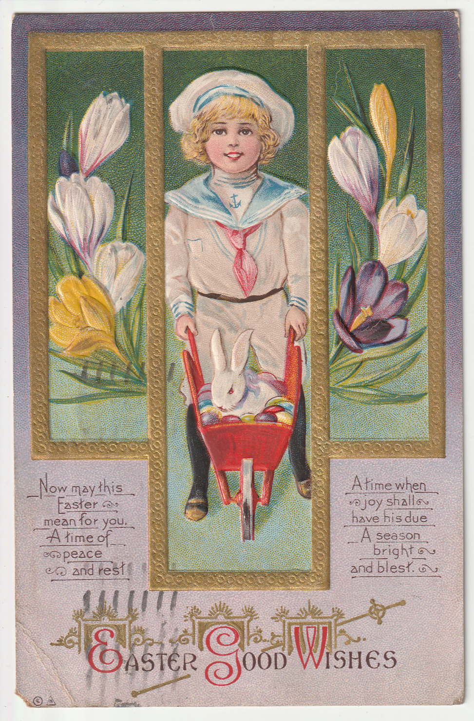 c1910s~ Kid & Easter Bunny In Wheelbarrow~Tulips~Embossed Antique Art Postcard
