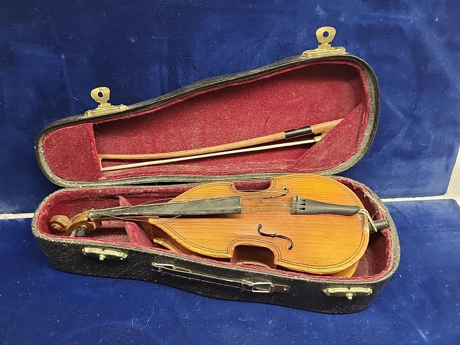 Vintage Miniature Wood Cello Instrument with Bow and Case 7.5 inches