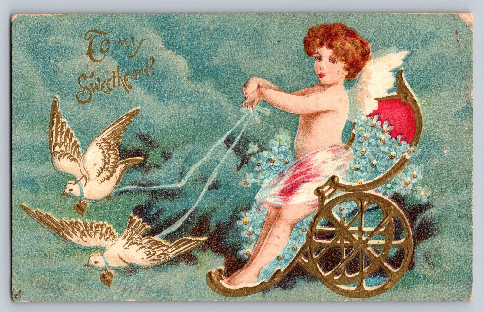 Vintage Valentine Cupid Chariot Pulled by Doves To My Sweetheart UDB  1901 A608