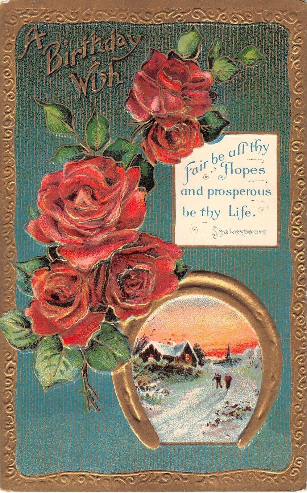 1914 Birthday PC-Beautiful Red Roses by Shakespeare Quote-Horseshoe-Winter Scene