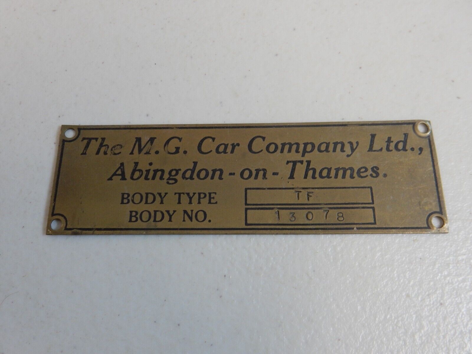 Vintage MG TF The MG Car Company Ltd Abingdon on Thames Body Plate Car Badge