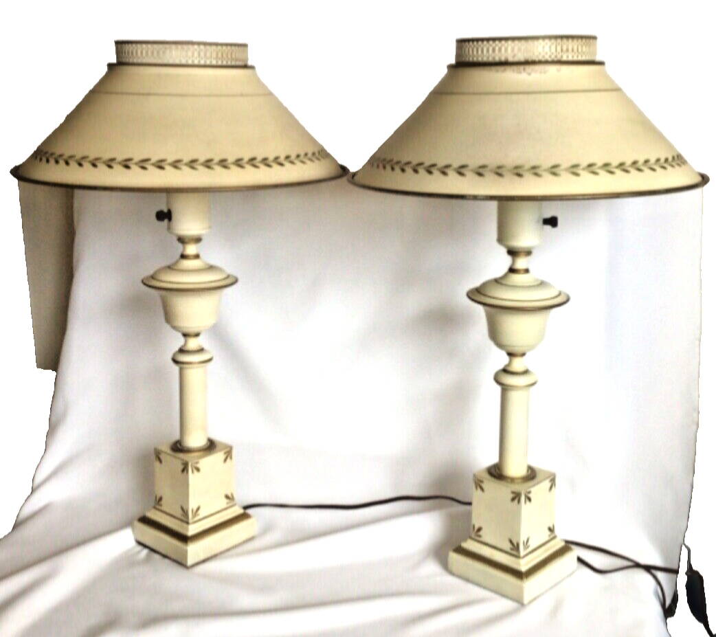 Pair Vintage METAL TOLE Table Lamp Painted - FRENCH Neoclassical 