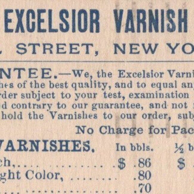 1893 Excelsior Varnish Works Dealer Pricelist 381 Pearl Street New York City #2