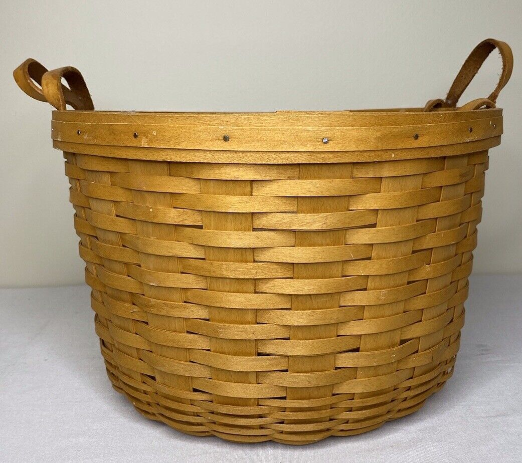 Vintage 1995 Longaberger Large Corn Basket w/Plastic Liner Leather Handles