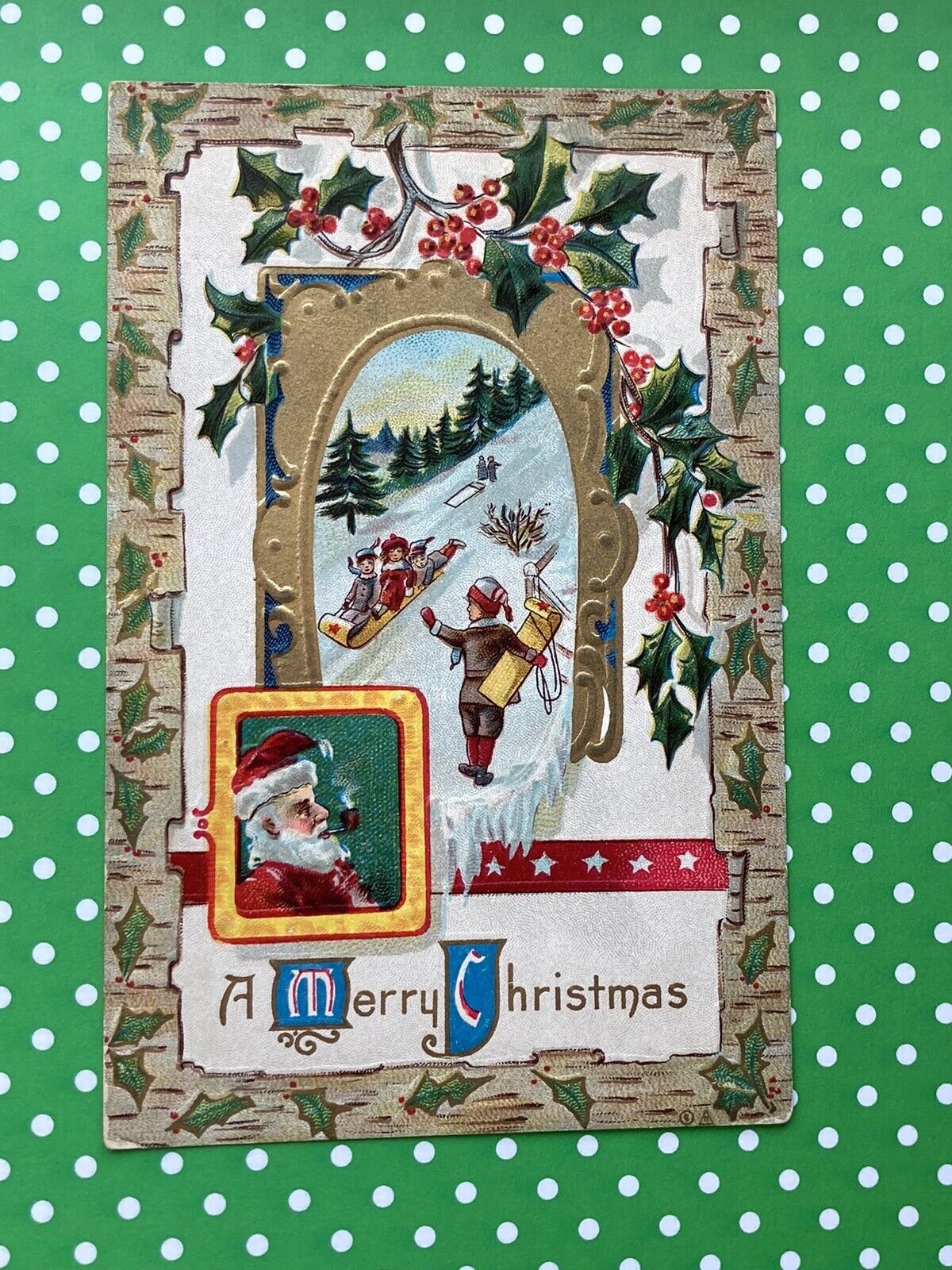 Vintage Christmas Postcard Work Children Tobogganing And Santa Smoking Pipe