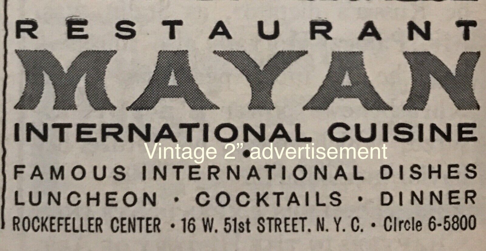 1960 Restaurant Mayan NYC Rockefeller Center AD 2.5” AD Vintage