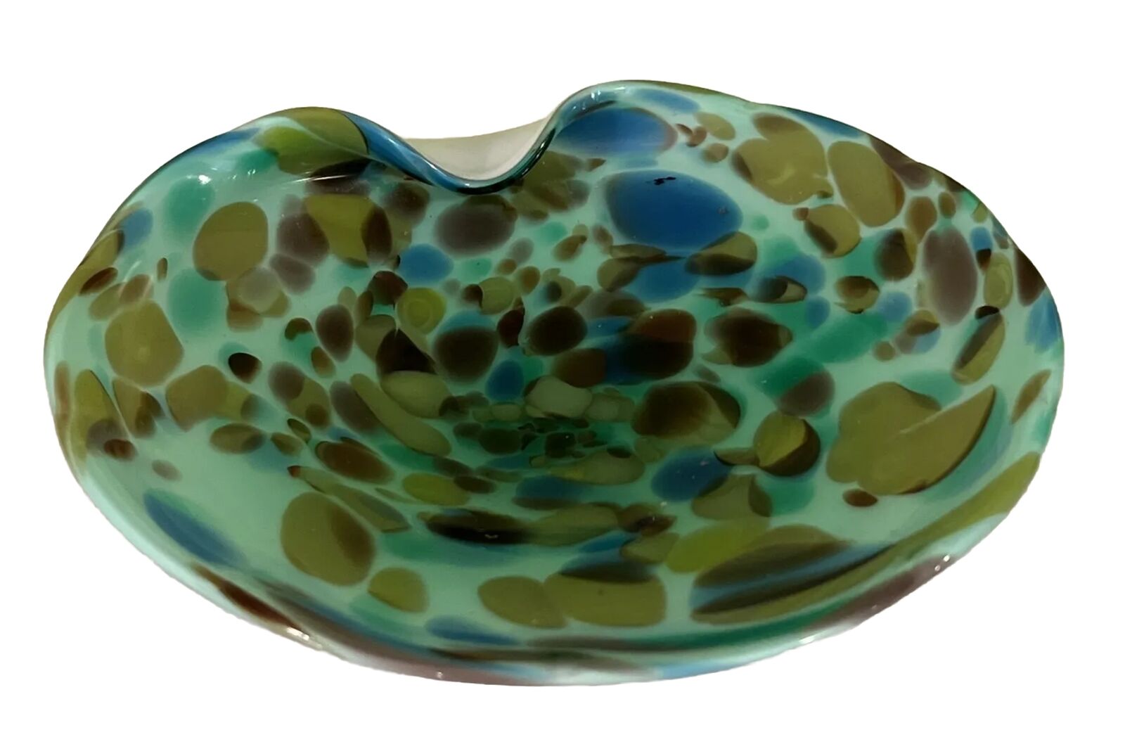 Murano Art Glass Cased Ashtray Dish Blue Green Swirl Mottled Spotted Vintage, 8”