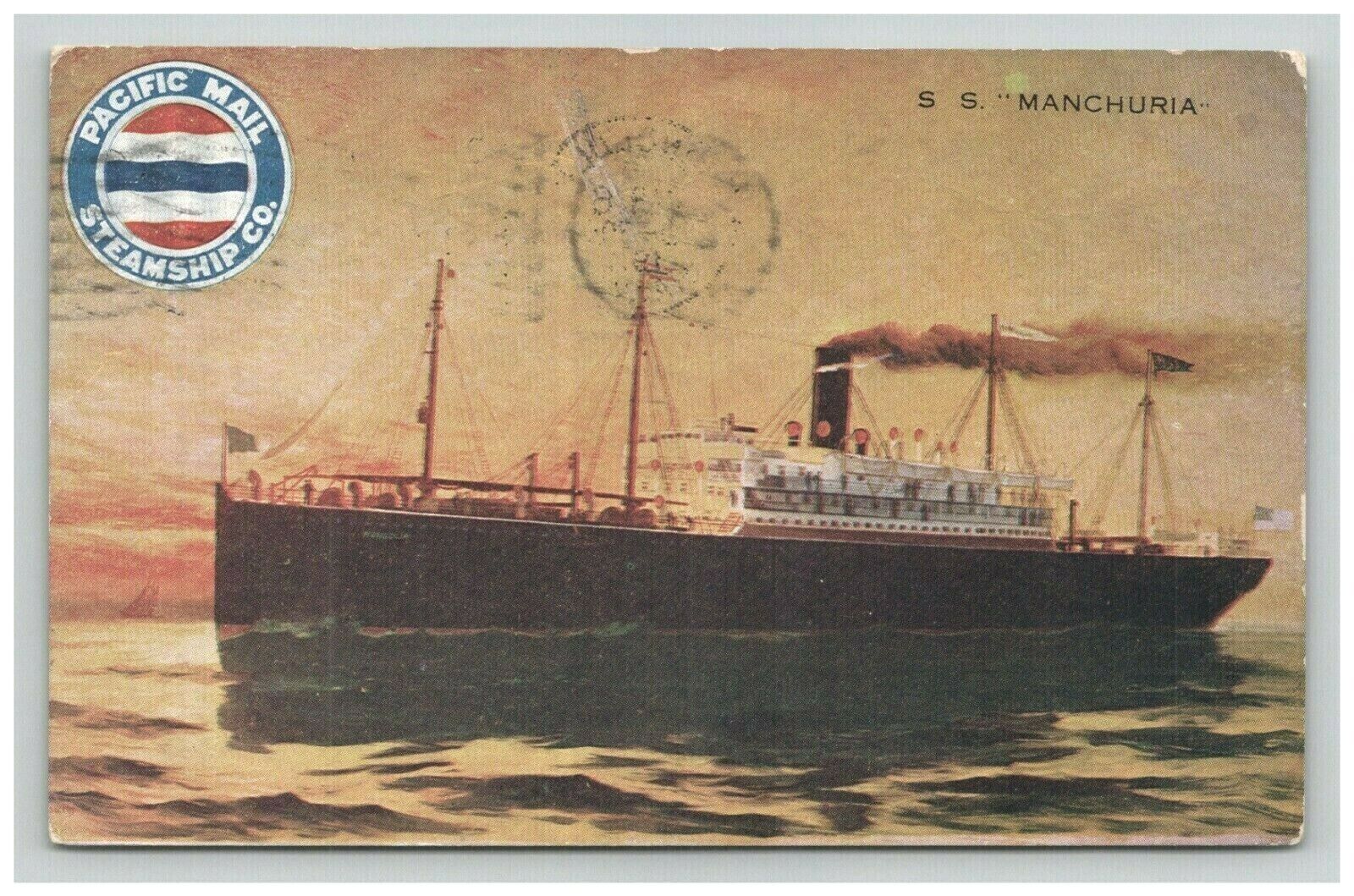 Postcard 1911 Steamer Ship SS Manchuria Passenger Vessel Ocean Scenic View 