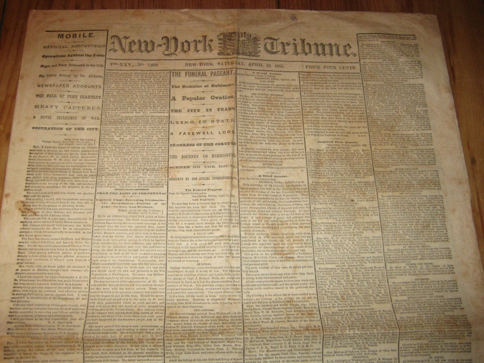 1865, NY Newspaper, Abraham Lincoln Assassination, Baltimore Funeral, 7 Columns
