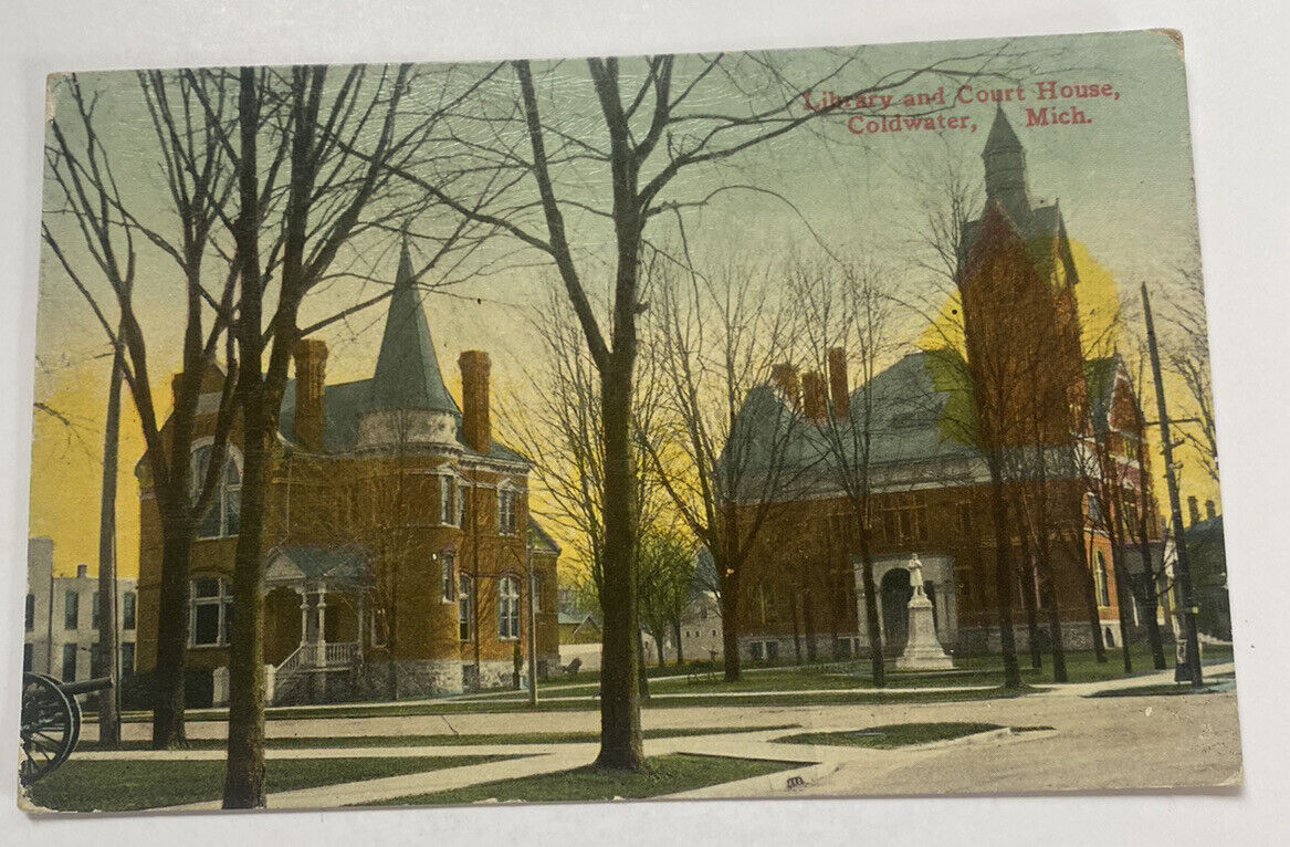 Vintage Postcard c1914 ~ Library & Court House ~ Coldwater Michigan MI