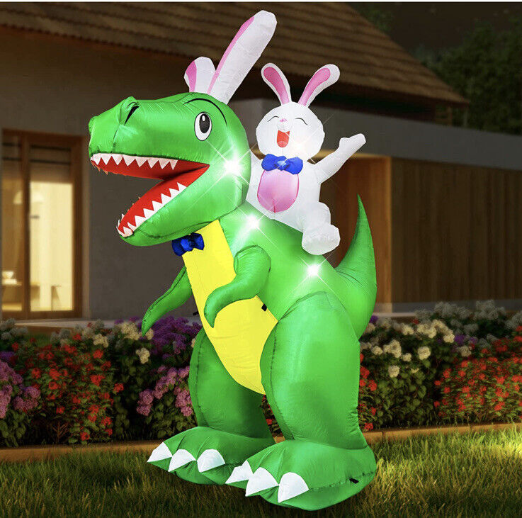 7 Ft White Easter Bunny Riding T Rex Dino Airblown Inflatable Lighted Yard Decor
