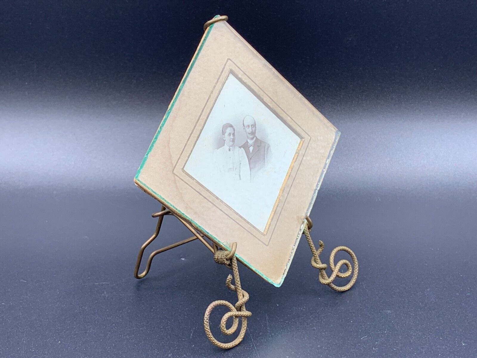 Art Nouveau Square CDV Picture Photo Embossed Brass Copper Wire Frame Easel Back