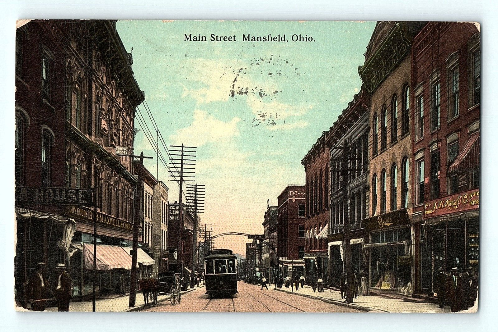 Pedestrians Trolley Main Street Mansfield Ohio 1912 Antique Postcard E3