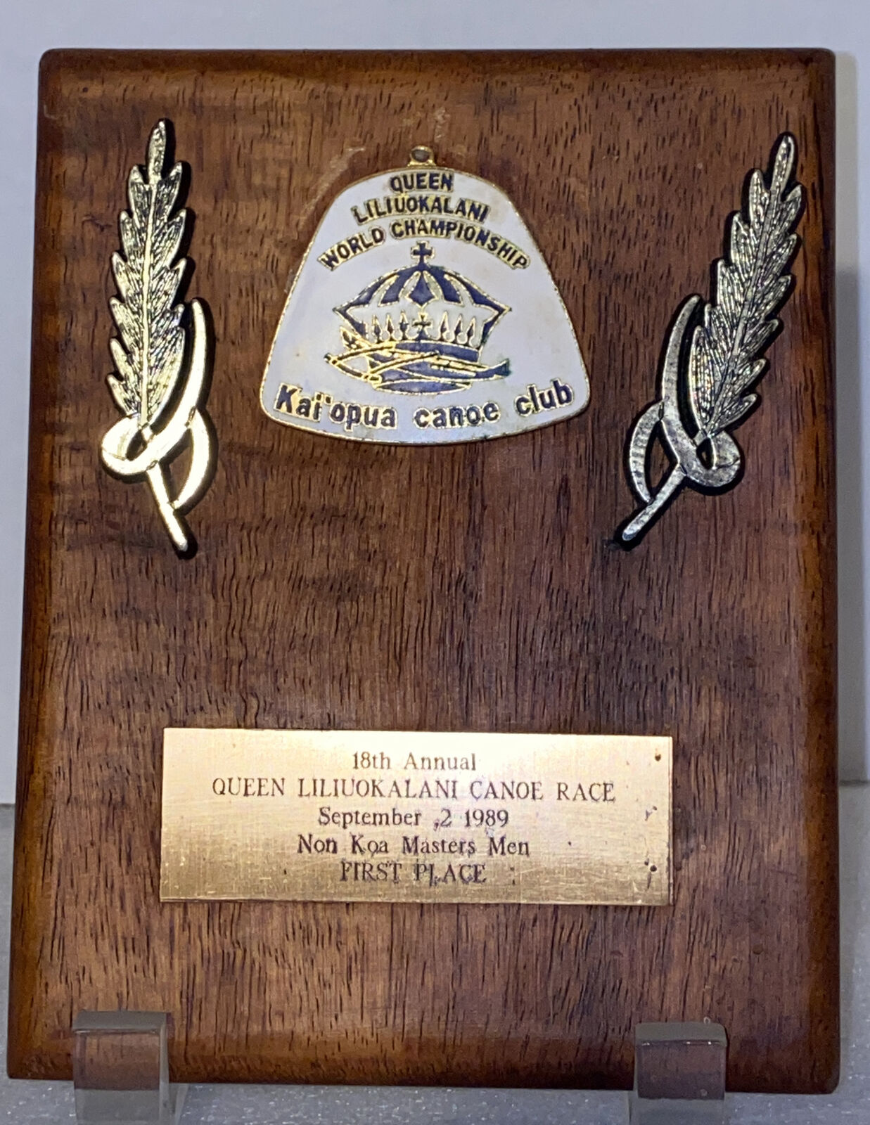 1989 QUEEN LILIUOKALANI HAWAII CANOE RACE HAWAII KOA WOOD PLAQUE 1st PL.  AWARD