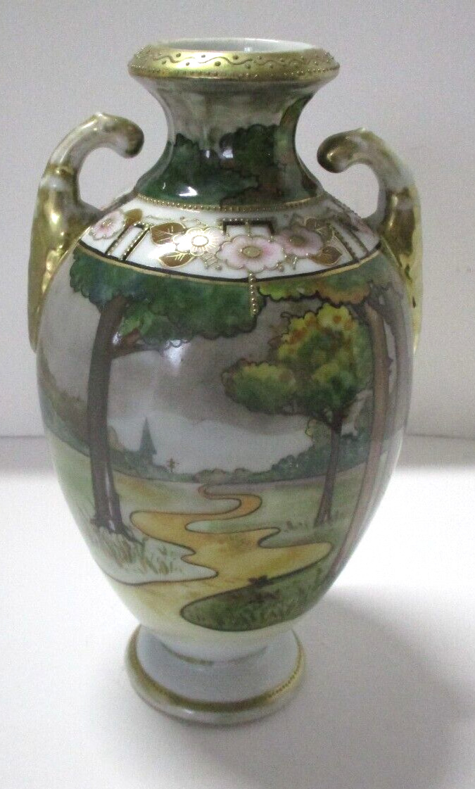 Vintage Hand Painted Asian Vase Forest Stream Scene