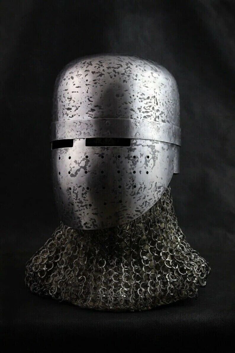 Hammered 18 Gauge Steel Medieval Blackened Great Knight Crusader Helmet W/Chain