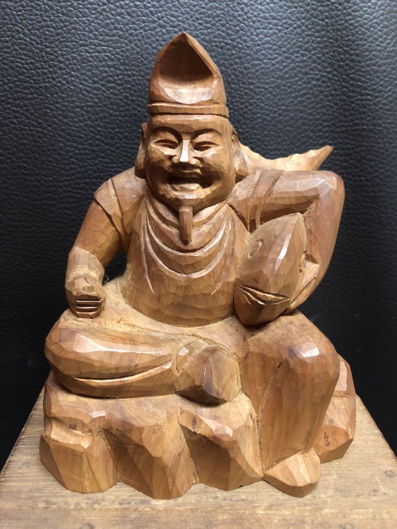 Wood Carving Sandalwood Buddha Statue Of Fukujin Honzon Takarada Ebisu #KU2175