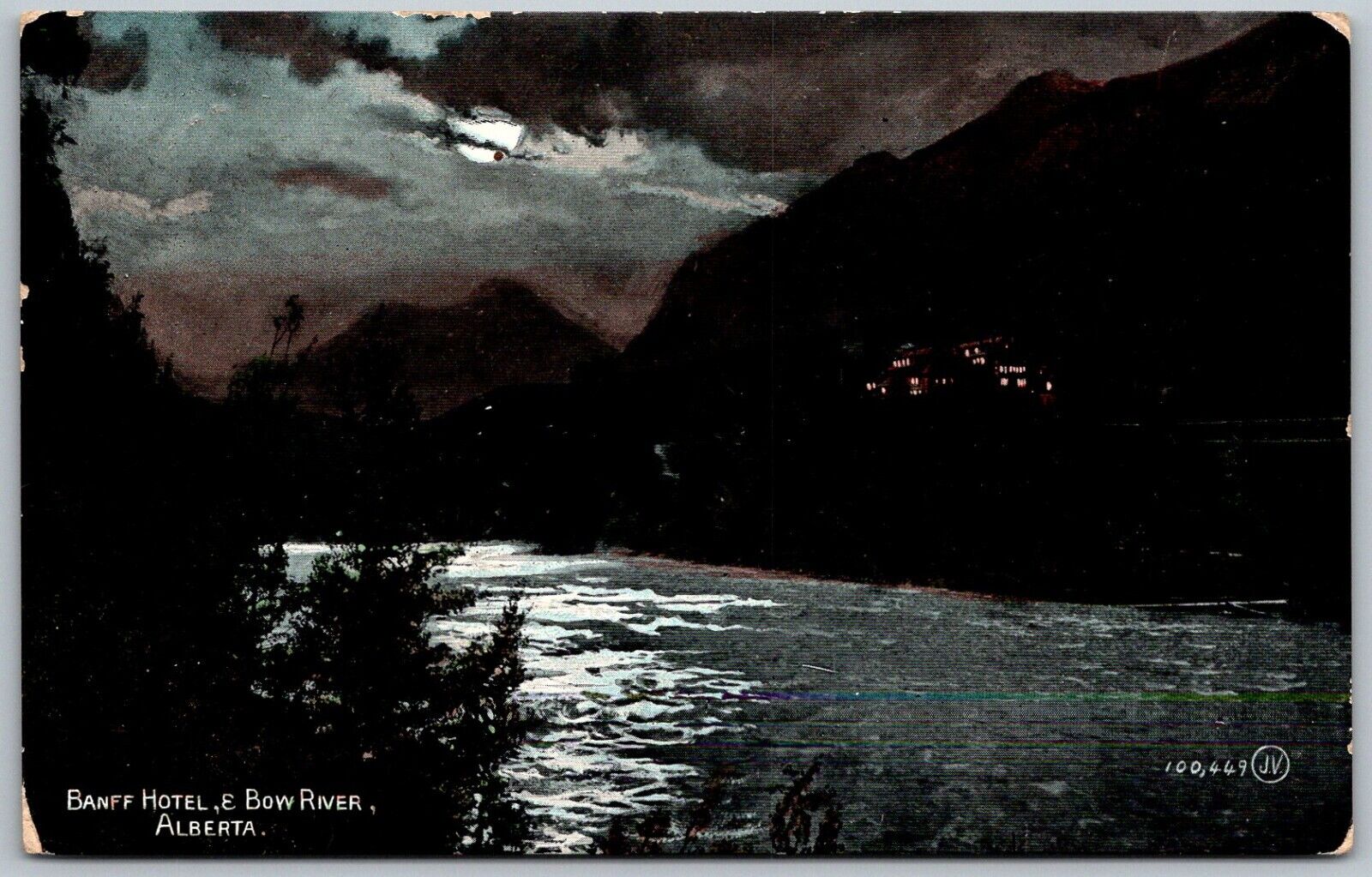 Alberta British Columbia 1908 Postcard Banff Hotel And Bow River at Night Moon