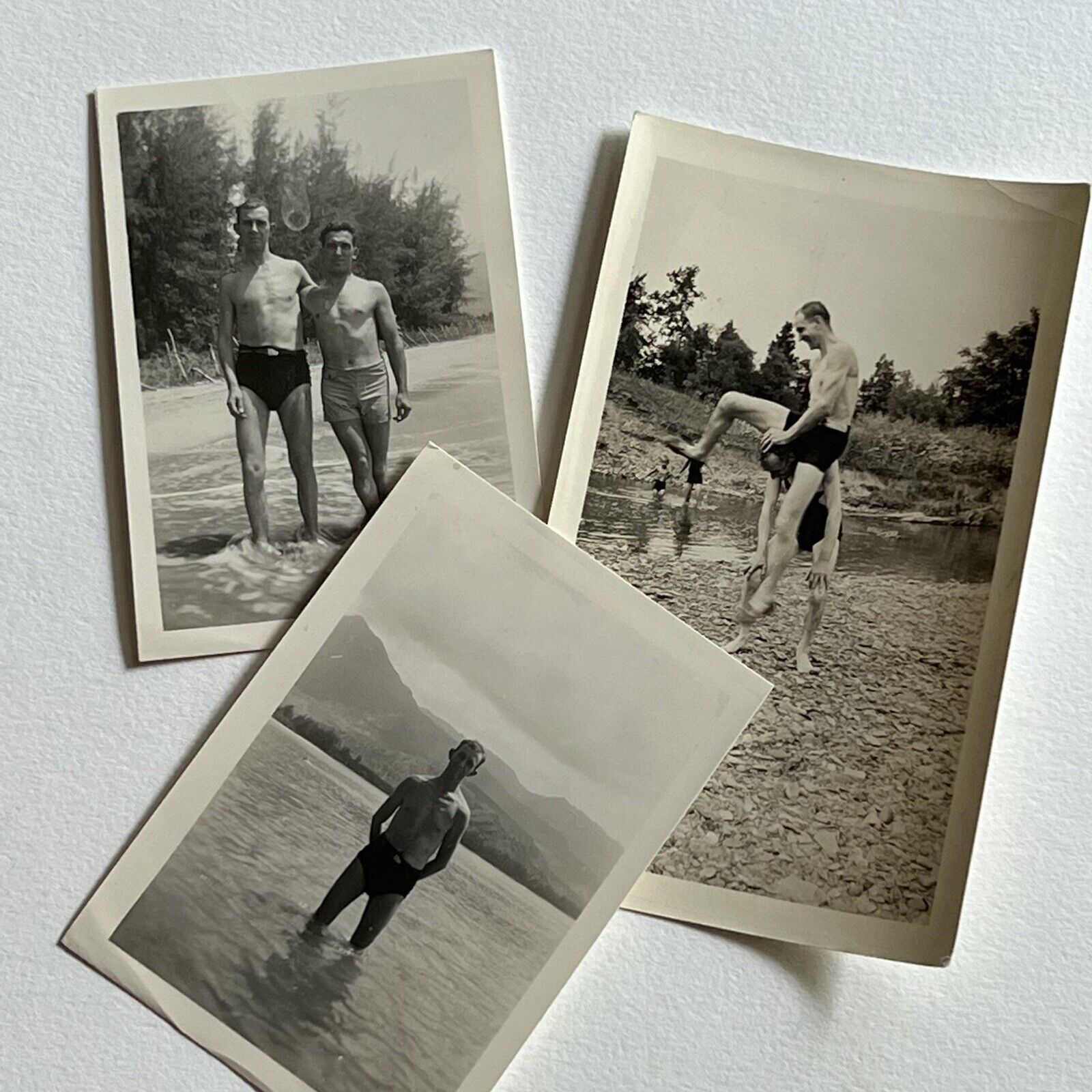 Vintage Snapshot Photograph Lot of 3 Handsome Young Men Bathing Suit Lake