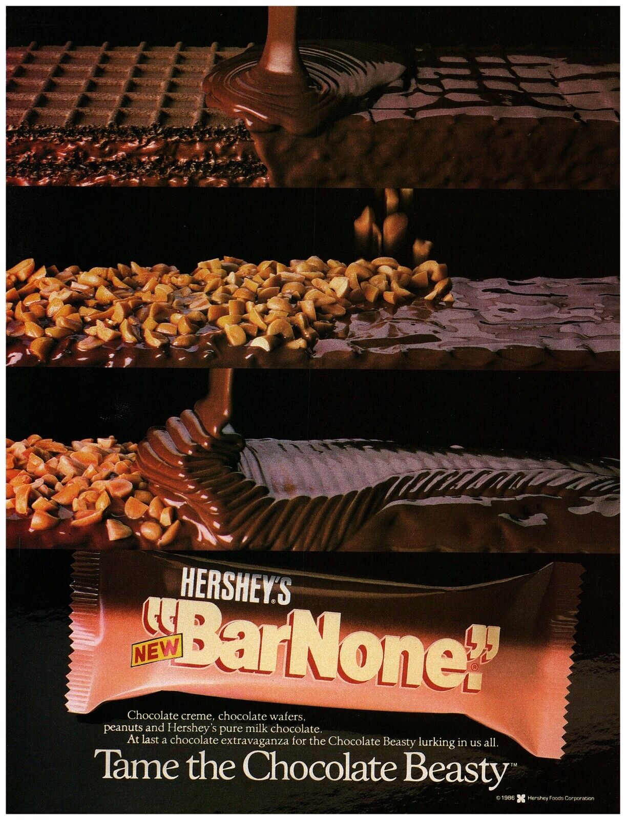 1986 Hershey\'s Print Ad, BarNone Wafer Bar Tame The Chocolate Beasty Layers 80\'s