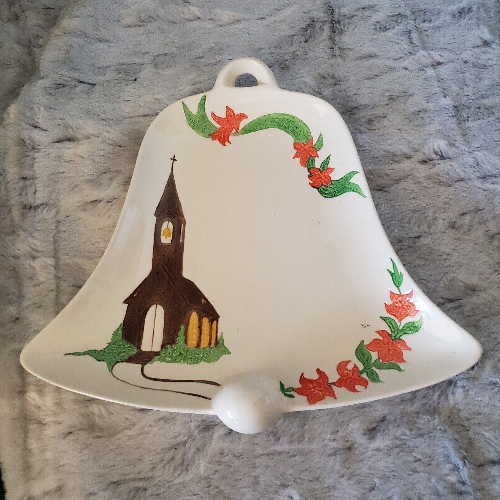 Handpainted Christmas Bell Holiday Serving Dish Candy Dish Nut Tray Poinsettia