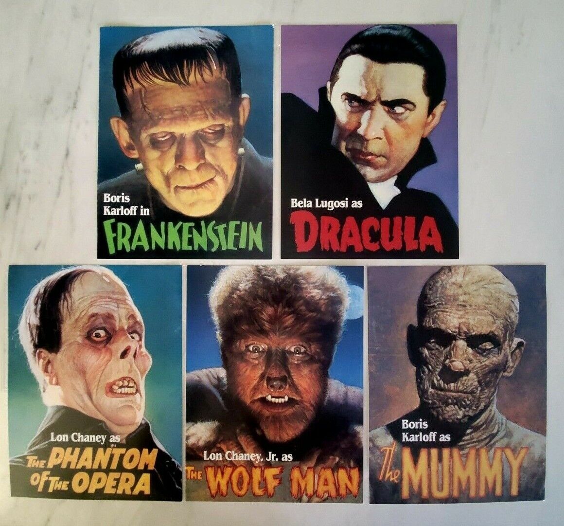 Universal Monsters - Set of Five - 9x12 Prints - Drac Frank Mummy Wolf Phantom