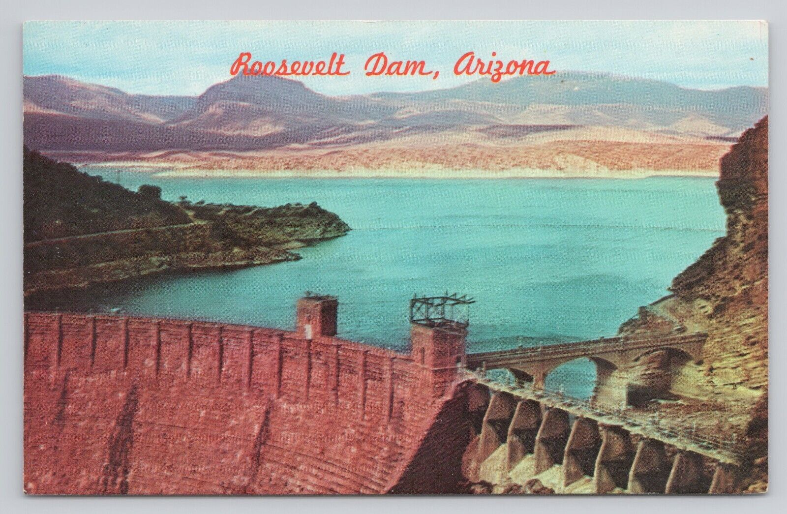 Postcard Roosevelt Dam Arizona Scenic View Petley red letters